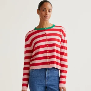 Cárdigan de punto suave con estampado de rayas rosa y rojo