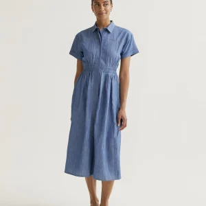 Vestido midi 100% algodón chambray azul claro manga corta