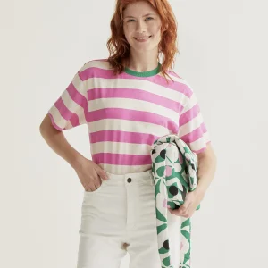 Camiseta con estampado de rayas rosa y blanco