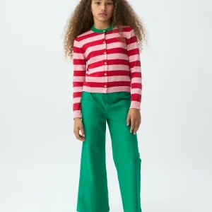 Cárdigan de niña estampado con rayas rosa  y rojo