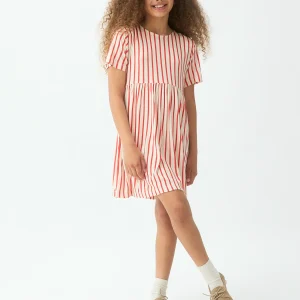 Vestido corto de niña con estampado de rayas rojas